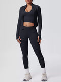 Stylish activewear set featuring a tank top, zip-up jacket, and leggings in black for fashionable workouts.
