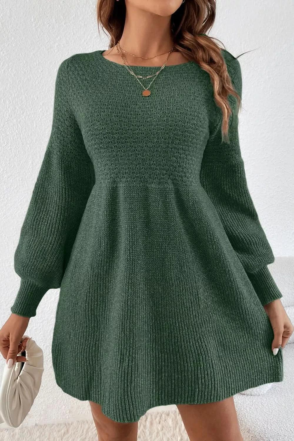 Round Neck Long Sleeve Mini Dress in green with a textured design, perfect for casual outings or stylish gatherings.