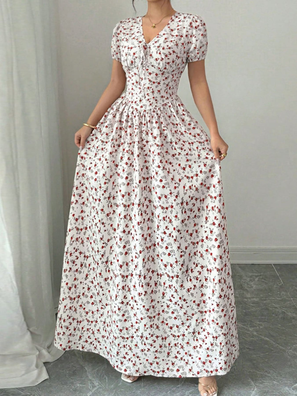 Floral Print V-Neck Maxi Dress featuring a flattering fit and elegant floral design, perfect for any occasion.