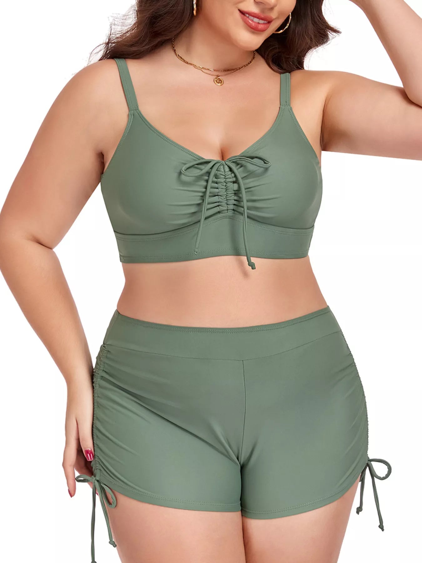 Plus size bathing suit ruched drawstring two-piece set in green, featuring removable padding and stretchy material.