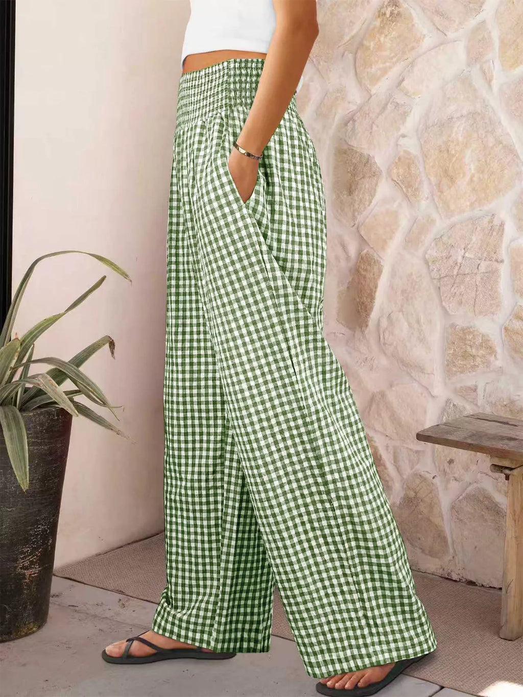 Gingham High-Waisted Wide Leg Pants in green and white plaid pattern, perfect for casual outings or lounging.