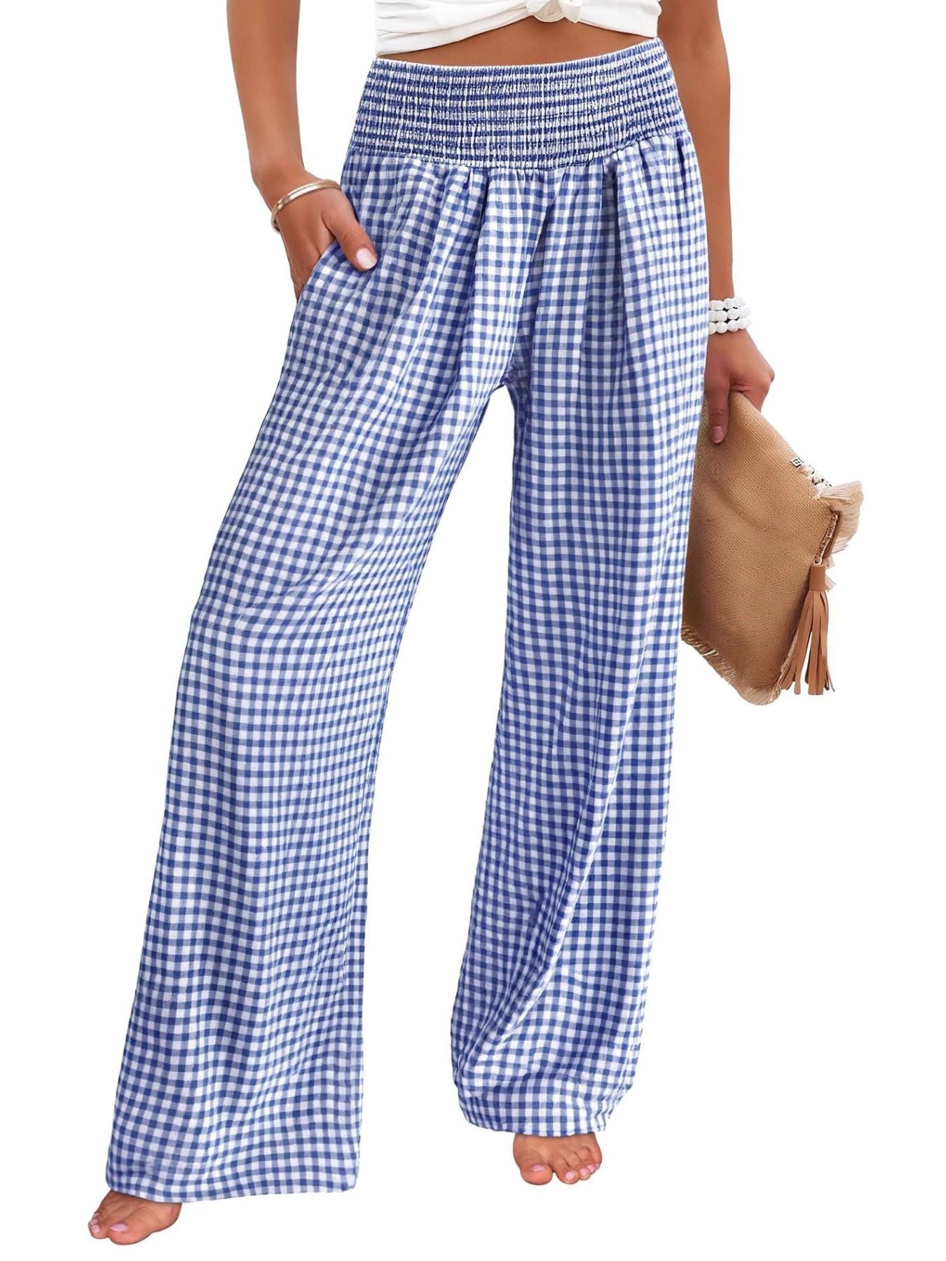 Gingham High Waist Wide Leg Pants featuring a smocked waistband and a stylish blue gingham pattern.