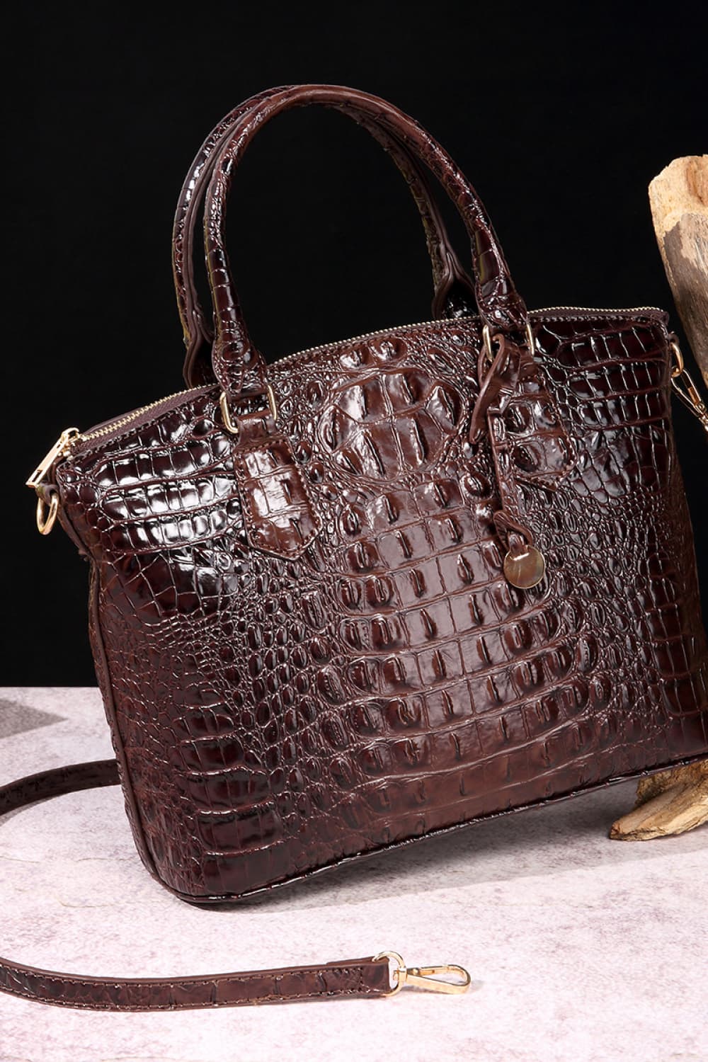 PU Leather Handbag (Medium) | Everyday Shoulder Bag in brown crocodile texture with spacious interior and structured shape.