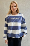 Oh Pima Cotton Wash Exposed Seam Contrast Striped Round Neck Long Sleeve T-Shirt on model, showcasing comfort and style.