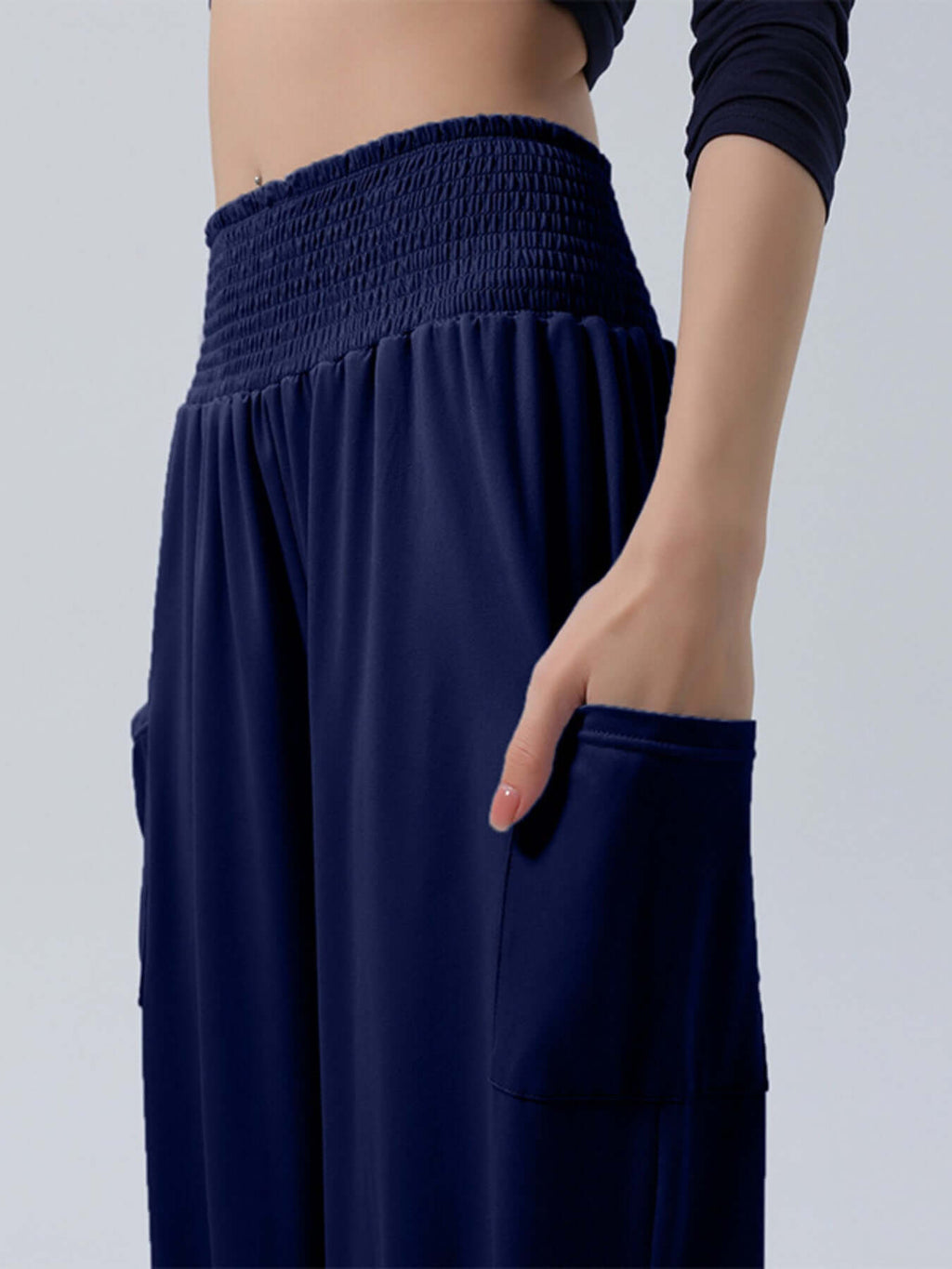 Plus Size Harem Pants - Smocked Waist with Pockets Size Inclusive (S to 5XL) in navy blue with a smocked waist and pockets.