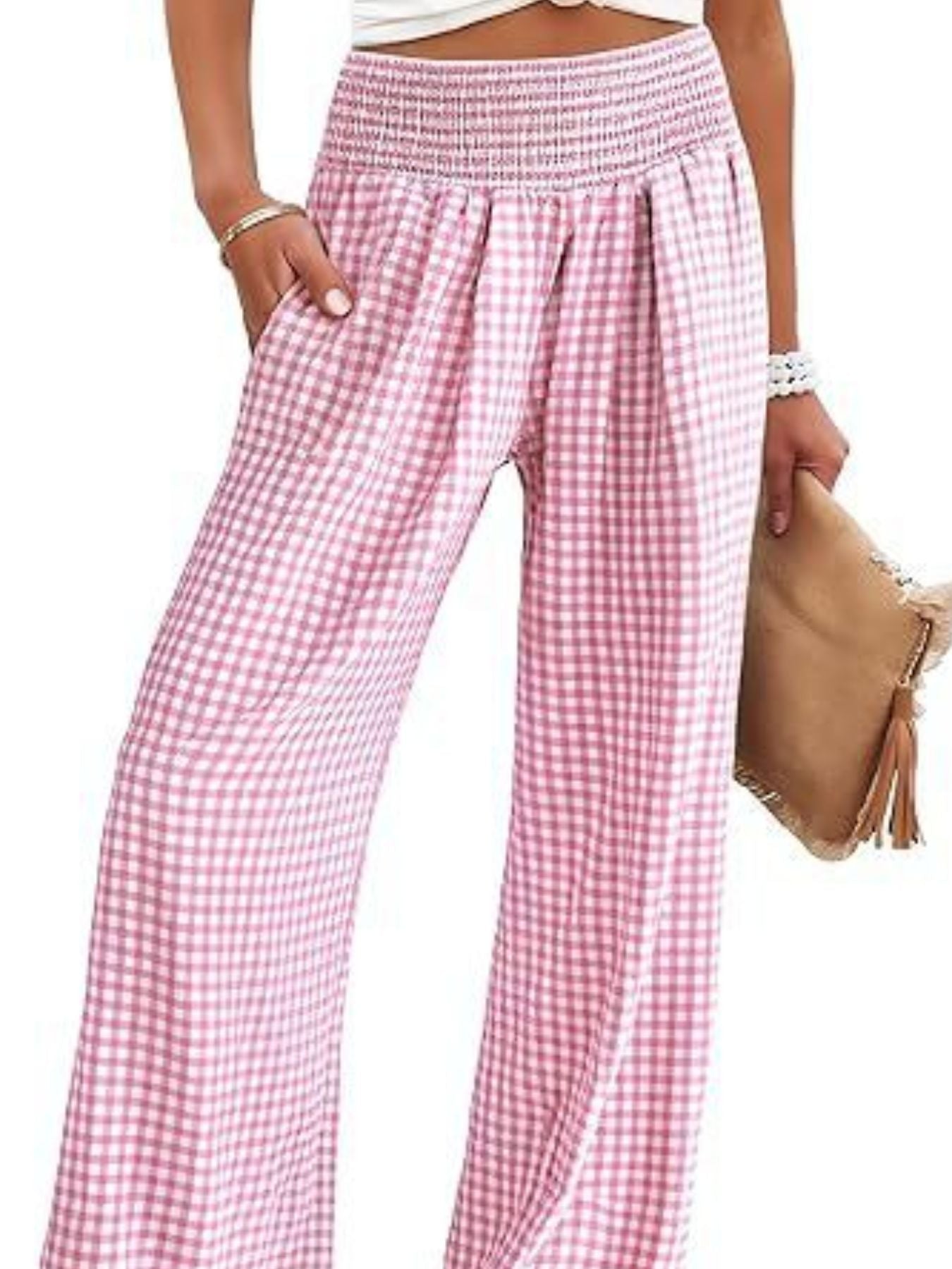 Gingham High Waist Wide Leg Pants shown in pink and white check pattern, featuring a smocked waistband and wide-leg fit.