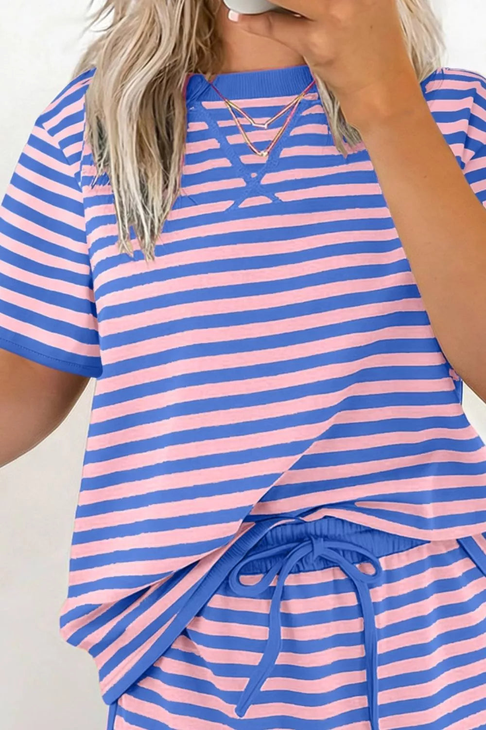 Short Sleeve Tee and Shorts Set - Striped. Stylish blue and pink striped tee with matching shorts, perfect for warm weather.