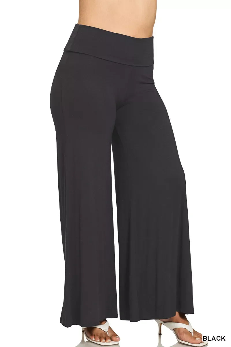 Fold Over Waist Comfy Wide Leg Pants – Inclusive Sizing (S–3XL) in black, featuring a fold-over waistband and relaxed fit.
