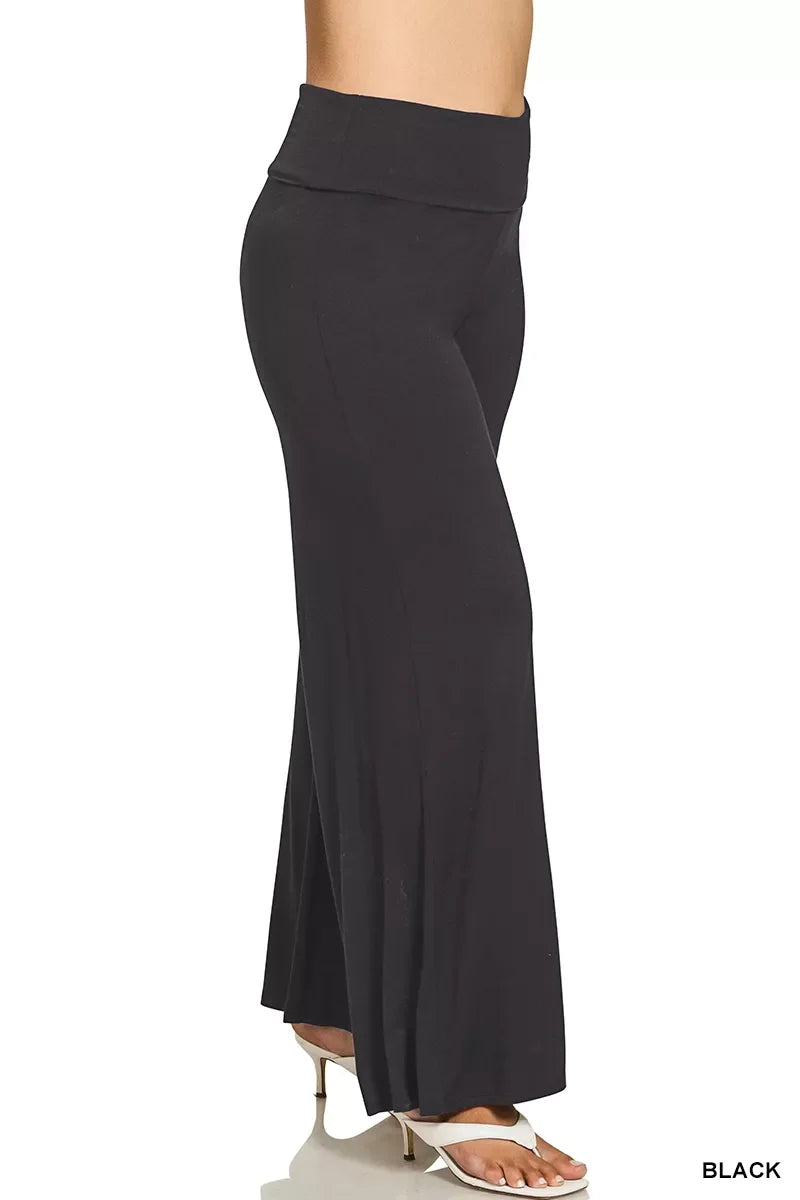 Fold Over Waist Comfy Wide Leg Pants – Inclusive Sizing (S–3XL) in black, showcasing the relaxed fit and fold-over waist design.