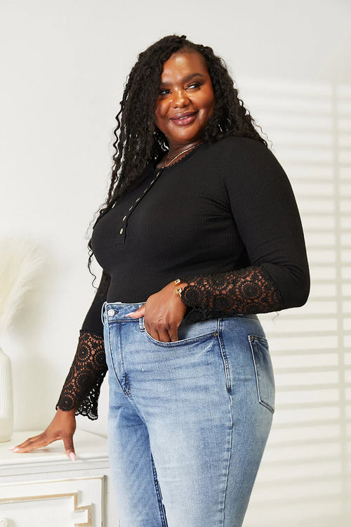 Black Crochet Lace Hem Sleeve Button Top – Women’s Elegant Blouse styled with jeans.