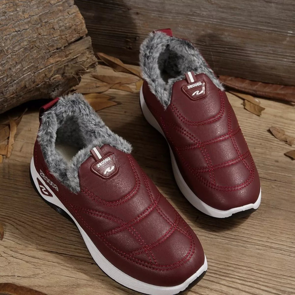 Cute platform shoes in burgundy with plush lining for comfort and style.