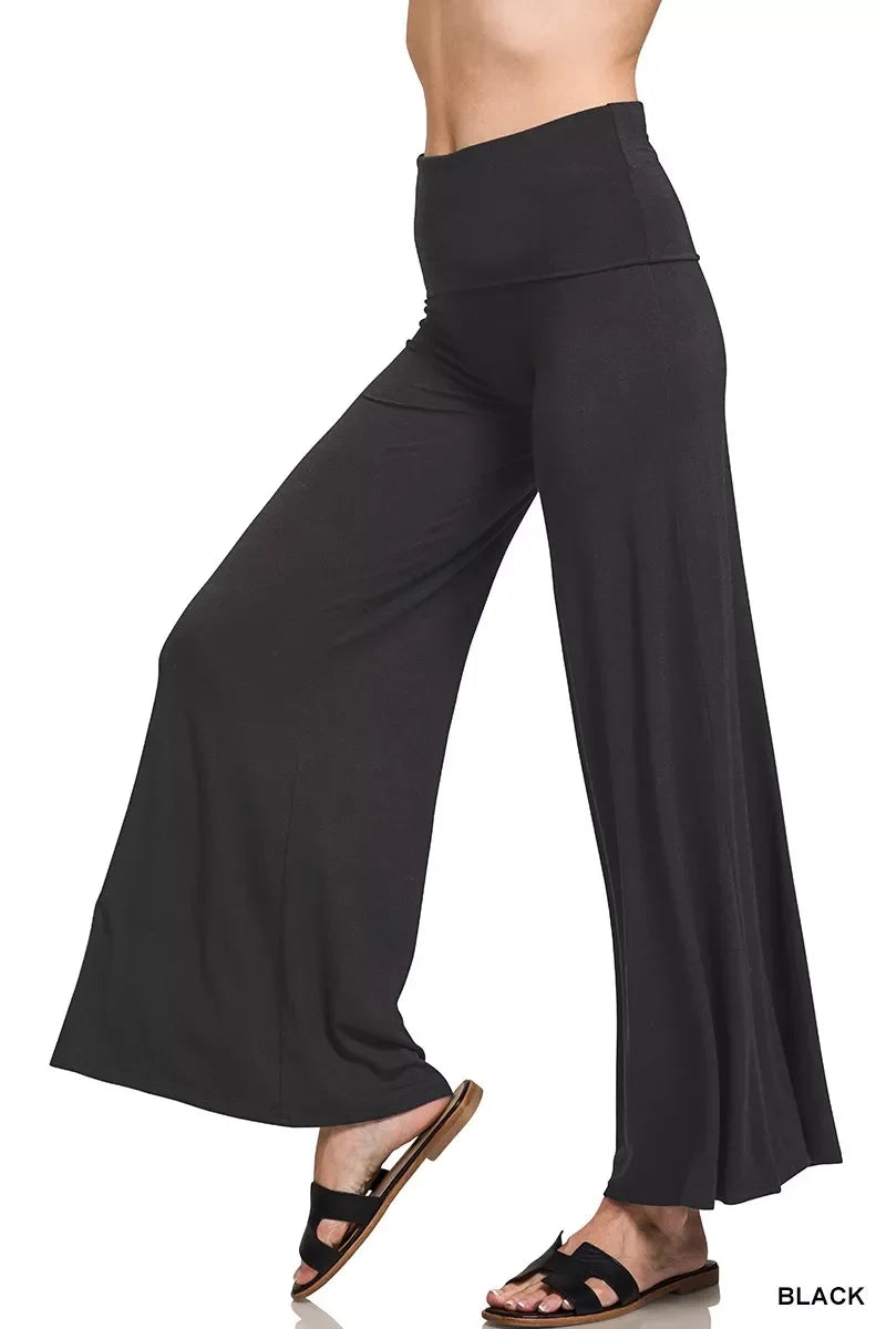 Fold Over Waist Comfy Wide Leg Pants – Inclusive Sizing (S–3XL) in black, featuring a soft fold-over waistband and relaxed fit.