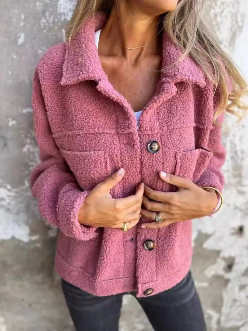Full Size Single-Breasted Sherpa Shacket Plus Size in soft pink worn by a model with casual styling.